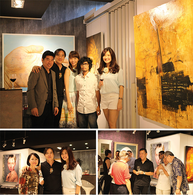 Clockwise from Top: Art Xchange Gallery Team with Ronald Walla and Agung Santosa, Important Gallerists and guests blending in during the opening, and Art Xchange Director Benny Oentoro and wife Evelyn Sagita Kauw taking a picture with Thanh Kieu Moeller