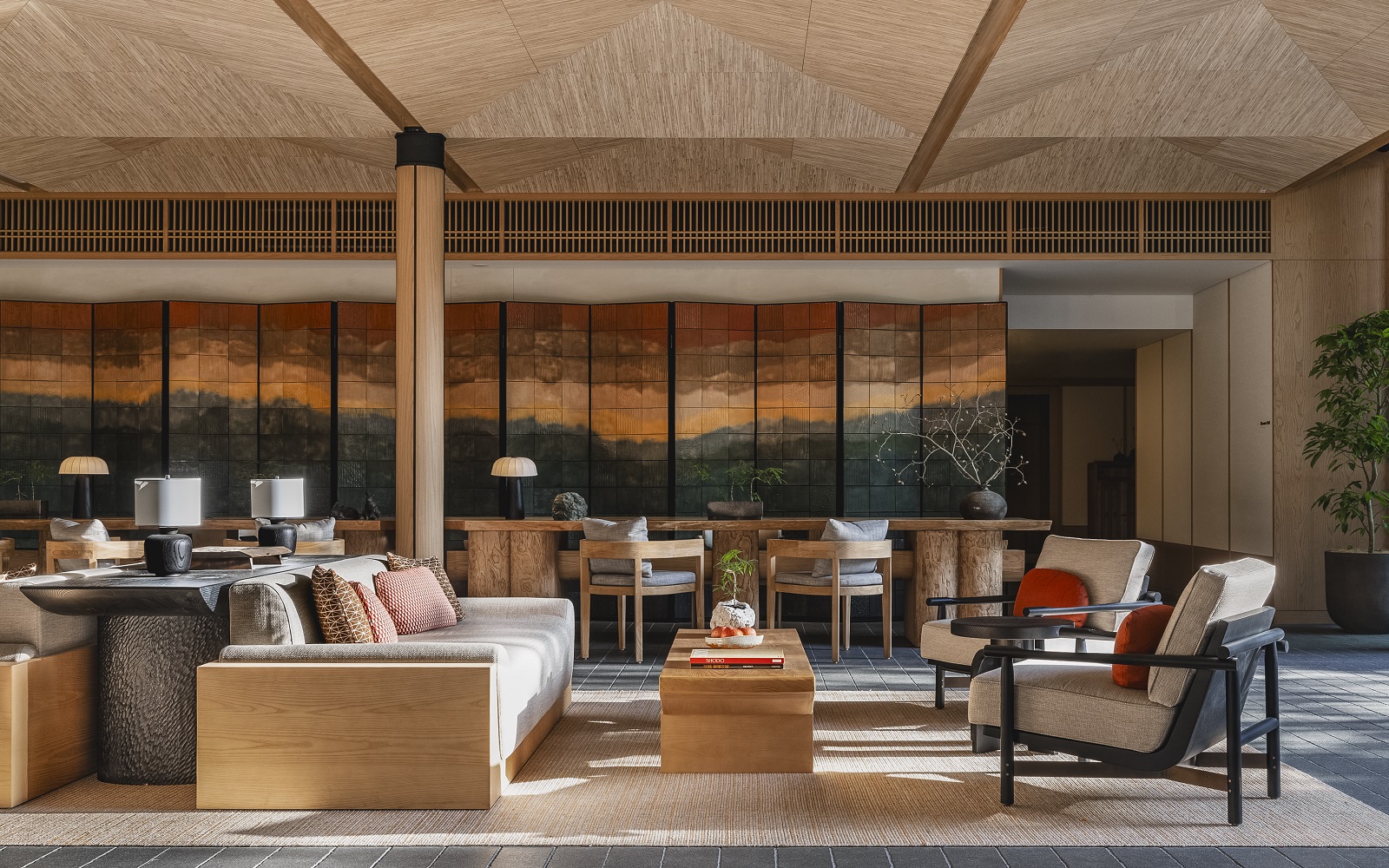 lounge area with panelled wall in Six Senses Kyoto