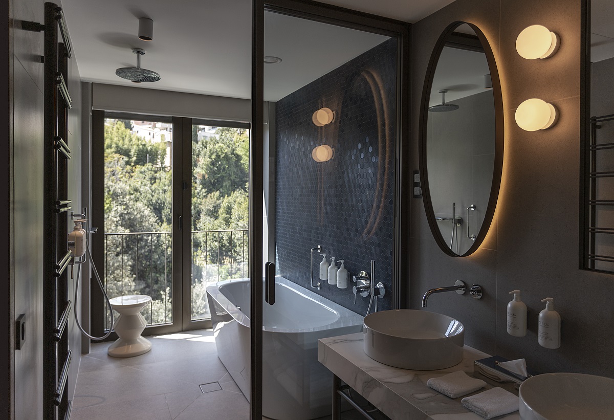 hotel bathroom with views outdoors